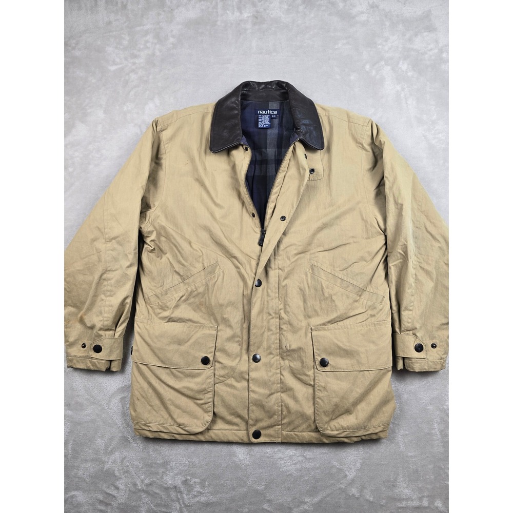 Vintage Nautica Field Jacket Mens M Tan Leather Collar Plaid Lined Barn Coat